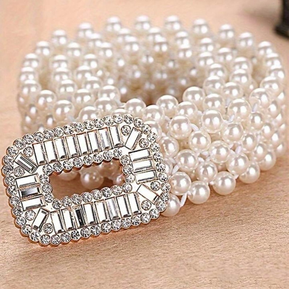 Pearl Multi-Row Rhinestone Buckle Belt - White